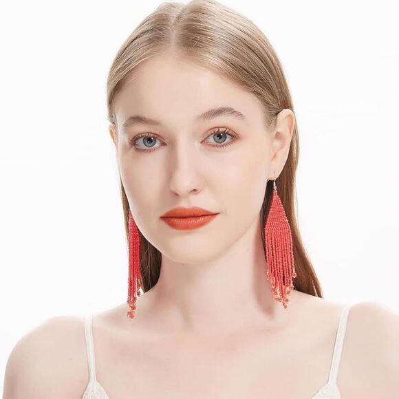 Red Bohemian Seed Bead Tassel Dangling Statement French Wire Hook Earrings - Picture 4 of 8